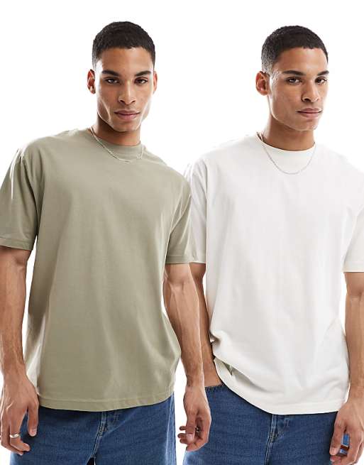 DESIGN Essentials 2 Pack Relaxed T-shirt In Cream & Khaki
