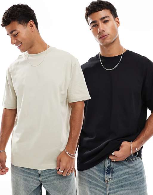 DESIGN Essentials 2 pack relaxed t-shirts in black & stone