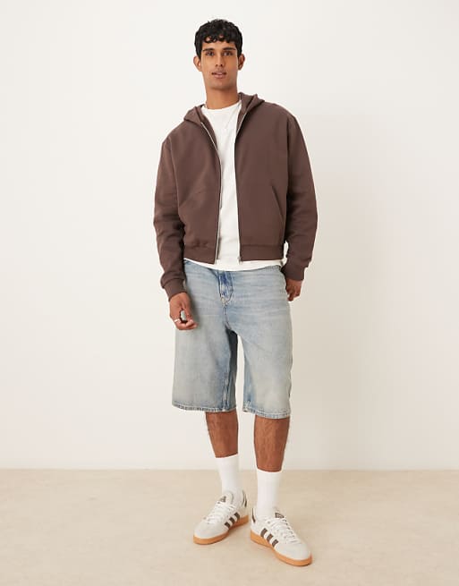 DESIGN Essentials Boxy Relaxed Zip Through Hoodie In Brown