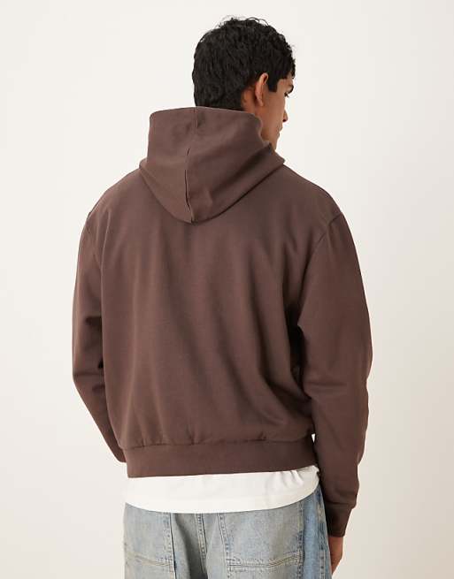 DESIGN Essentials Boxy Relaxed Zip Through Hoodie In Brown