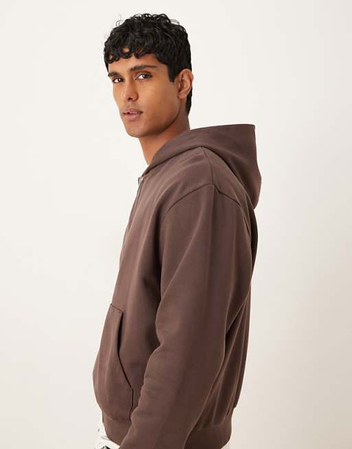DESIGN Essentials Boxy Relaxed Zip Through Hoodie In Brown