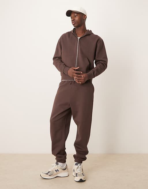 DESIGN Essentials Boxy Relaxed Zip Through Hoodie In Brown