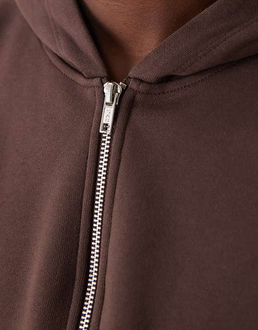 DESIGN Essentials Boxy Relaxed Zip Through Hoodie In Brown