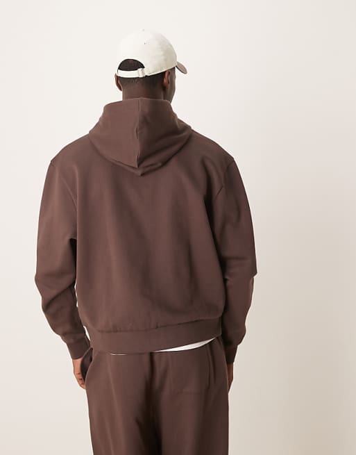 DESIGN Essentials Boxy Relaxed Zip Through Hoodie In Brown