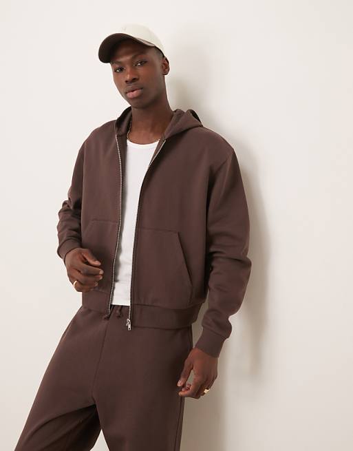 DESIGN essentials boxy relaxed zip through hoodie in brown