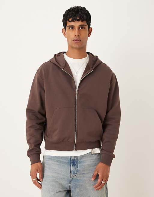 DESIGN essentials boxy relaxed zip through hoodie in brown