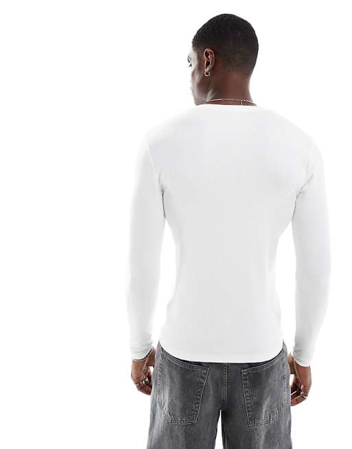 DESIGN Essentials Muscle Fit Long Sleeve T-shirt In White Rib