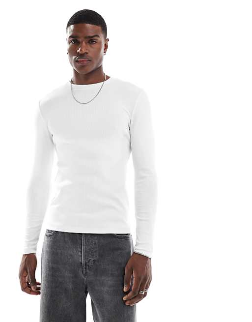 DESIGN Essentials muscle fit long sleeve t-shirt in white rib