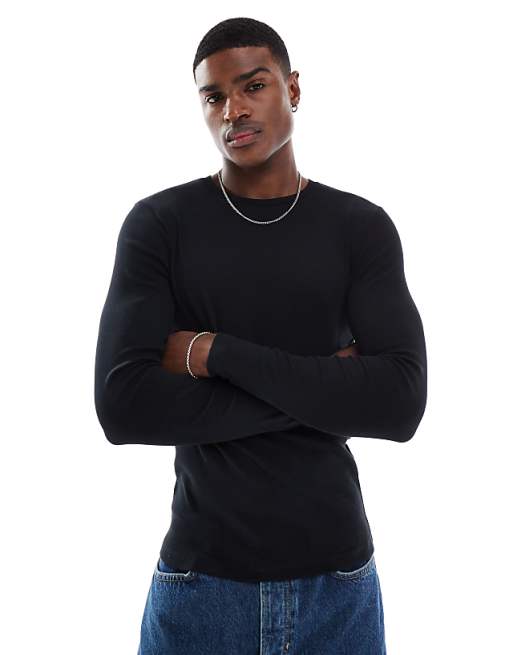 DESIGN Essentials Muscle Fit Long Sleeve T-shirt In Black Rib