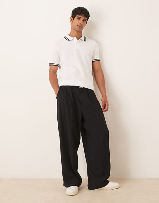 DESIGN Essentials Polo With Black Tipping In White Pique