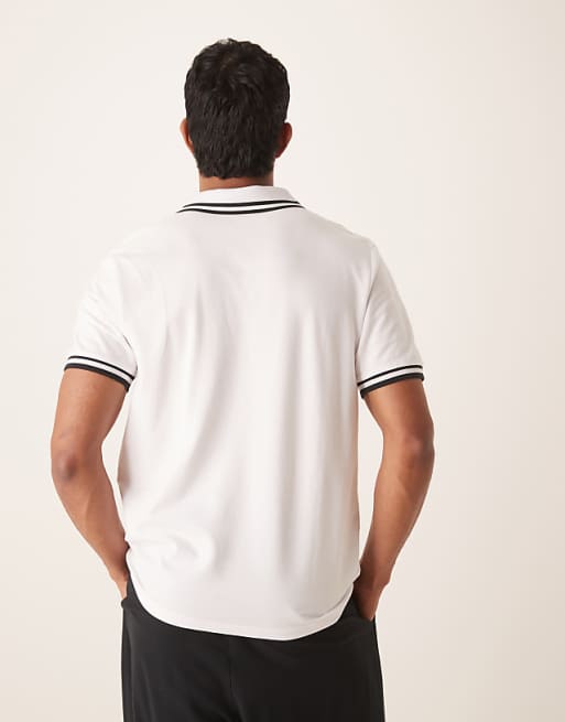 DESIGN Essentials Polo With Black Tipping In White Pique