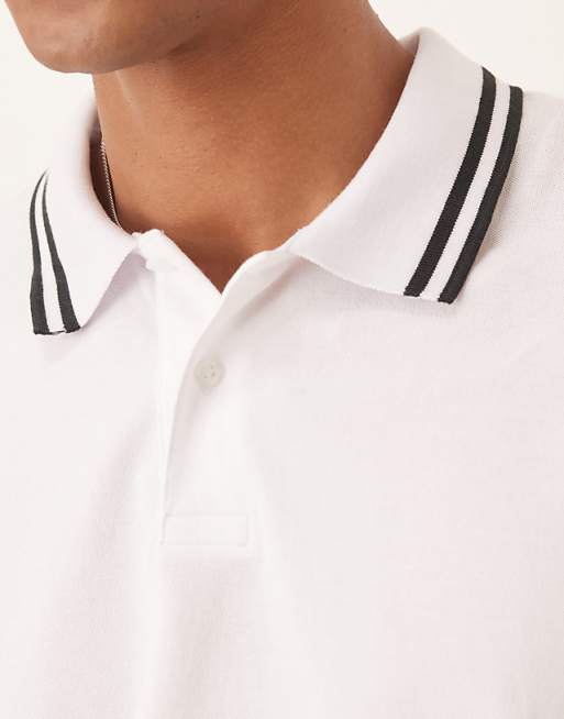 DESIGN Essentials Polo With Black Tipping In White Pique