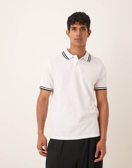 DESIGN Essentials Polo with black tipping in white pique