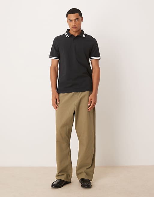 DESIGN Essentials Polo With White Tipping In Black Pique