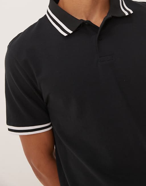 DESIGN Essentials Polo With White Tipping In Black Pique