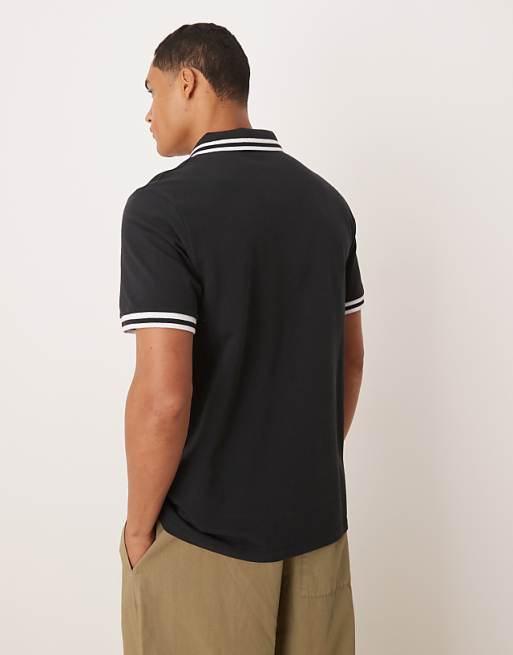 DESIGN Essentials Polo With White Tipping In Black Pique