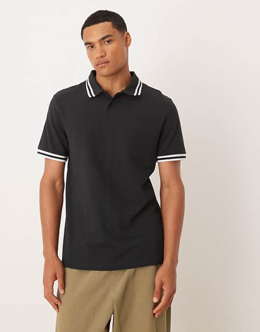 DESIGN Essentials Polo with white tipping in black pique