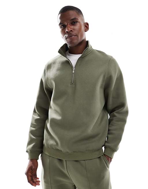 DESIGN essentials quarter zip sweatshirt in khaki