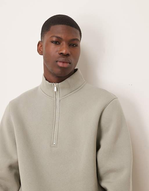 DESIGN essentials quarter zip sweatshirt in sage