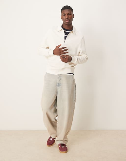 DESIGN Essentials Quarter Zip Sweatshirt With Collar In Beige - BEIGE