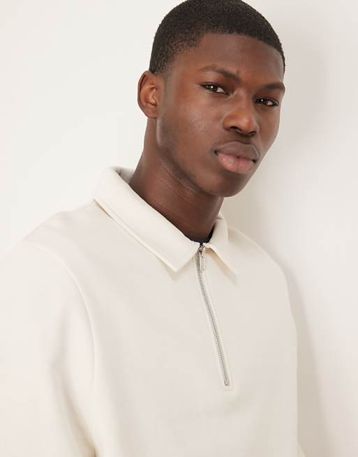 DESIGN Essentials Quarter Zip Sweatshirt With Collar In Beige - BEIGE