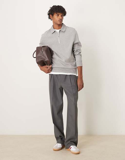 DESIGN Essentials Quarter Zip Sweatshirt With Collar In Grey Marl
