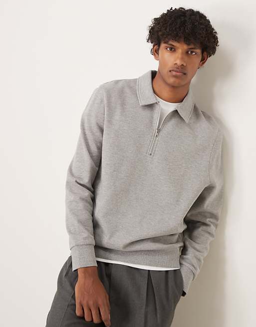 DESIGN essentials quarter zip sweatshirt with collar in grey marl
