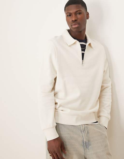 DESIGN essentials quarter zip sweatshirt with collar in beige - BEIGE