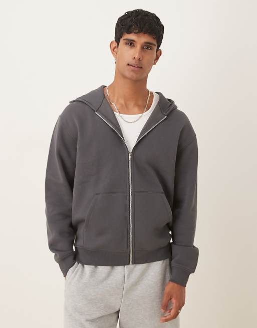 DESIGN essentials relaxed fit zip through hoodie in grey