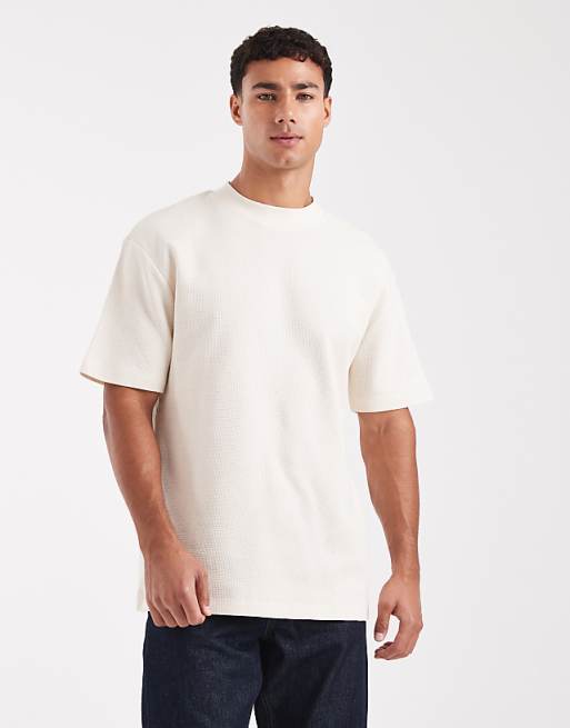 DESIGN Essentials relaxed t-shirt with high neck in cream waffle