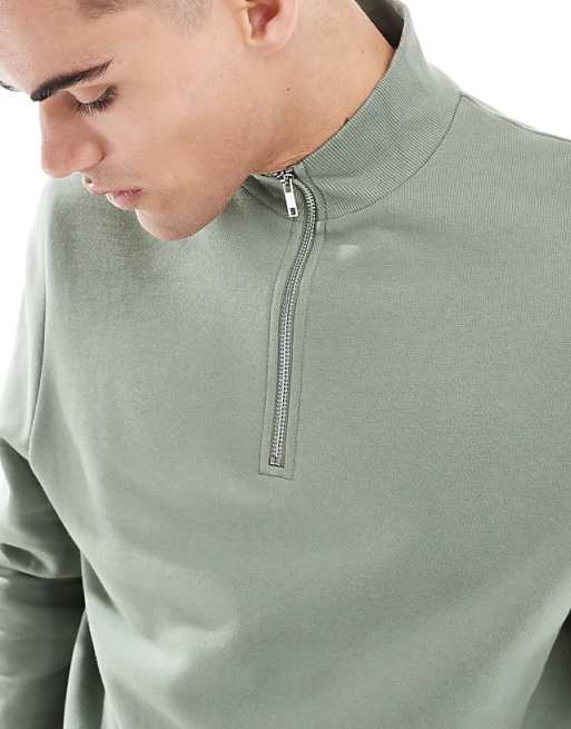 DESIGN Essentials Sweatshirt With Quarter Zip In Mid Green