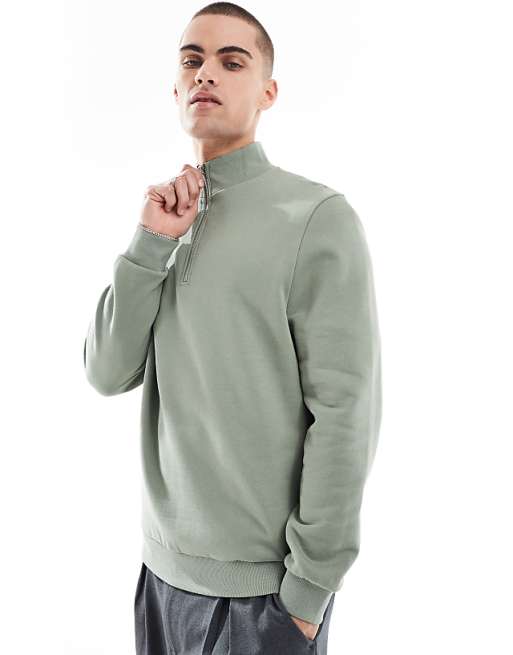 DESIGN essentials sweatshirt with quarter zip in mid green