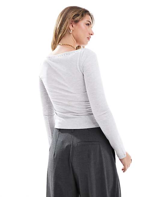 DESIGN Extreme Boat Neck Long Sleeve Top With Studding In Grey Marl
