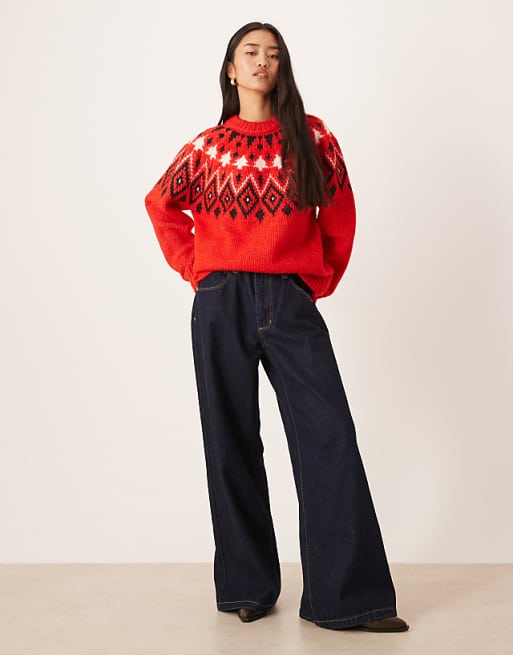 DESIGN Fairisle Christmas Tree Chunky Jumper In Red