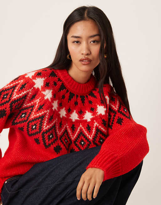 DESIGN Fairisle Christmas Tree Chunky Jumper In Red