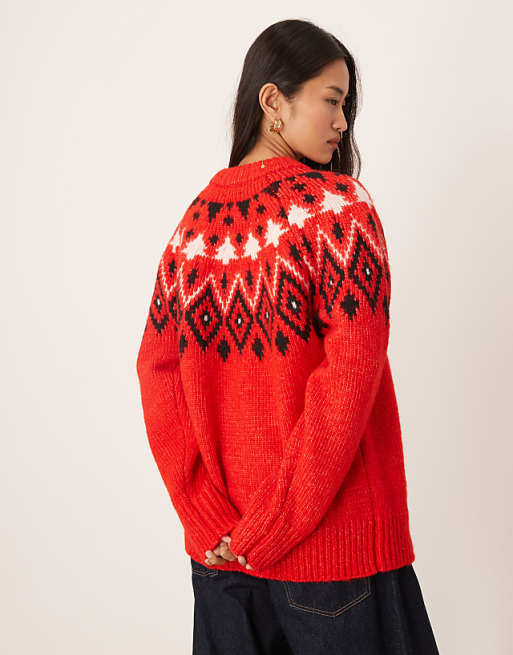 DESIGN Fairisle Christmas Tree Chunky Jumper In Red