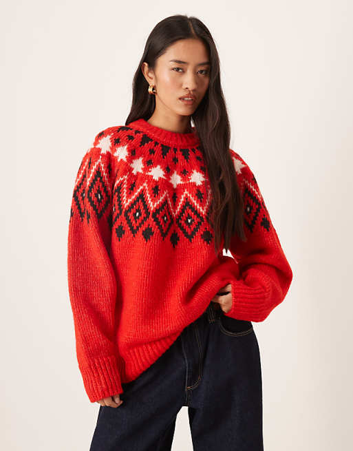 DESIGN fairisle christmas tree chunky jumper in red