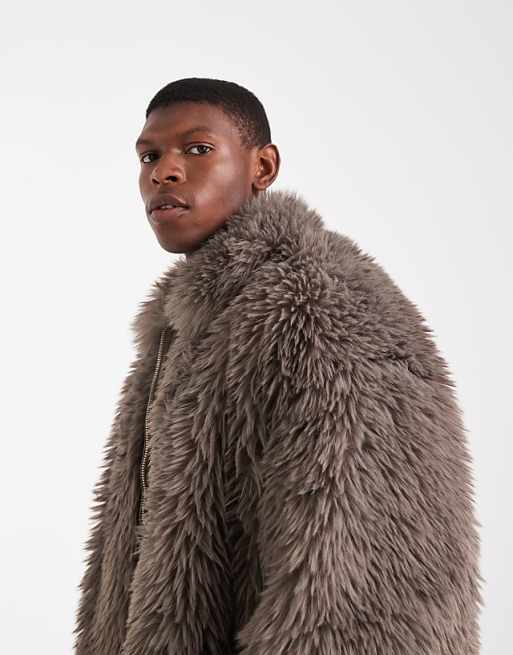 DESIGN Faux Fur Harrington Jacket In Brown