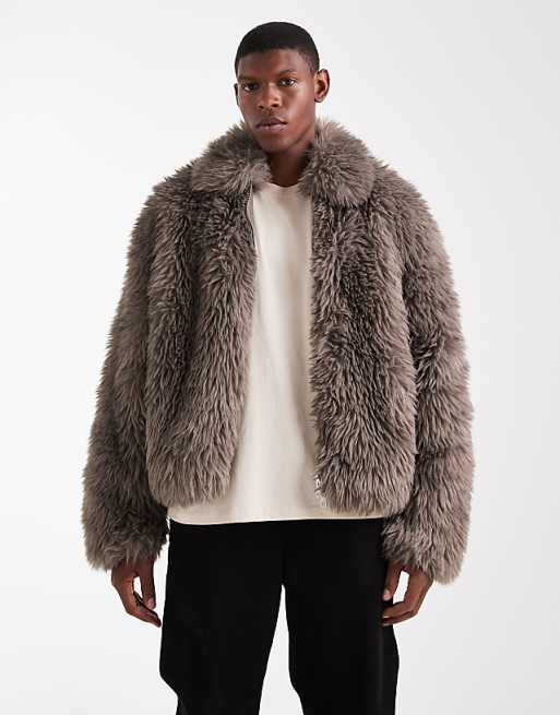 DESIGN faux fur harrington jacket in brown
