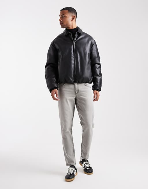 DESIGN Faux Leather Bomber Jacket In Black