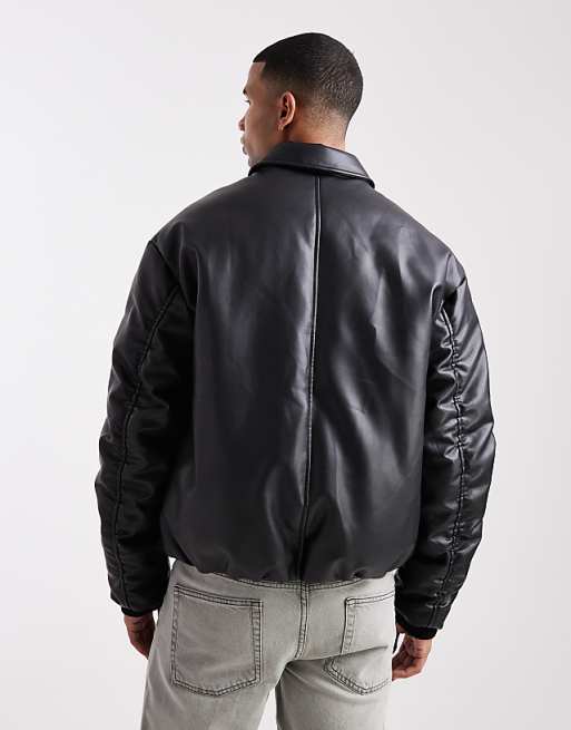 DESIGN Faux Leather Bomber Jacket In Black