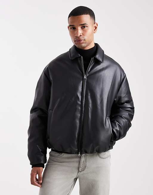 DESIGN Faux Leather Bomber Jacket In Black