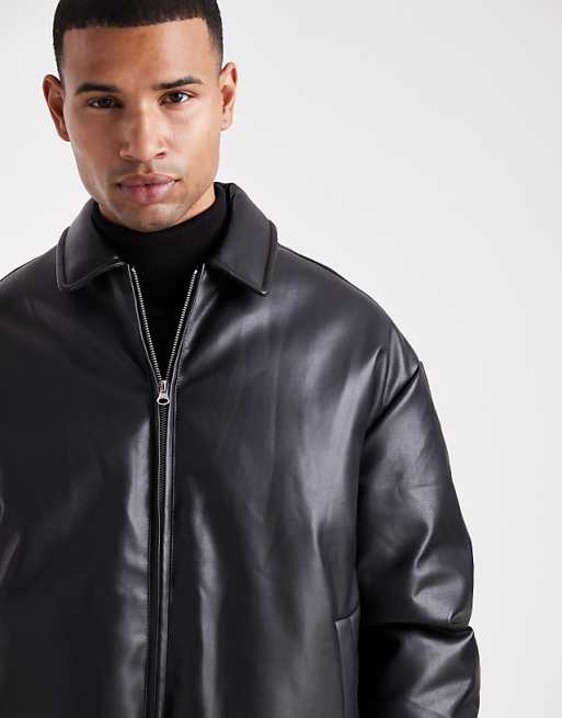 DESIGN faux leather bomber jacket in black