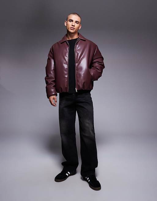 DESIGN Faux Leather Bomber Jacket In Burgundy