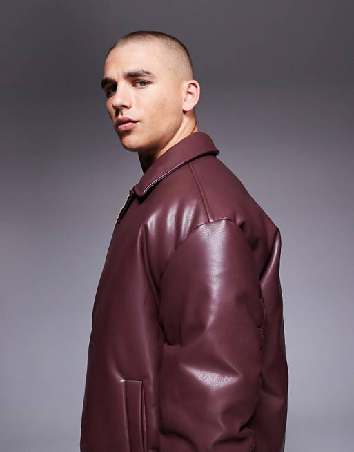DESIGN Faux Leather Bomber Jacket In Burgundy