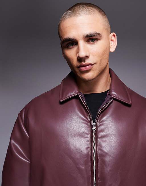 DESIGN Faux Leather Bomber Jacket In Burgundy