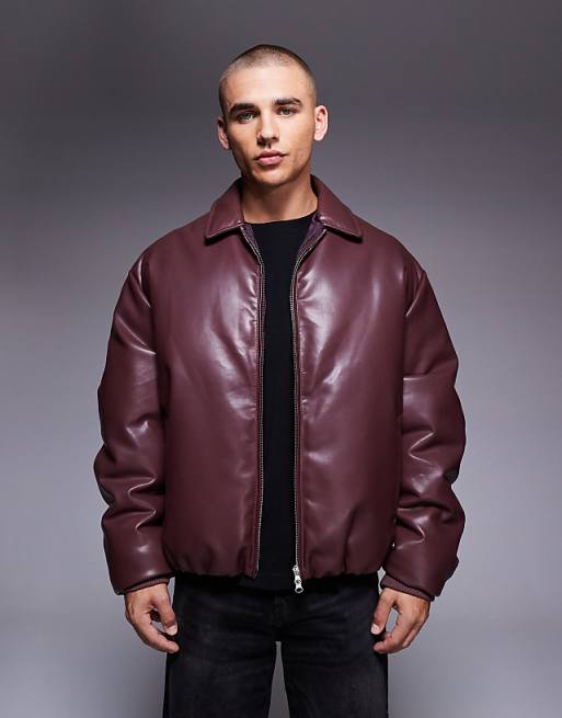 DESIGN faux leather bomber jacket in burgundy