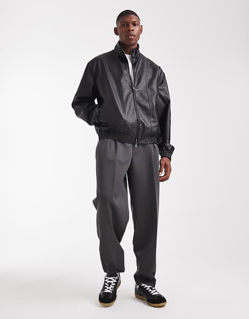 DESIGN Faux Leather Bomber Jacket In Washed Black