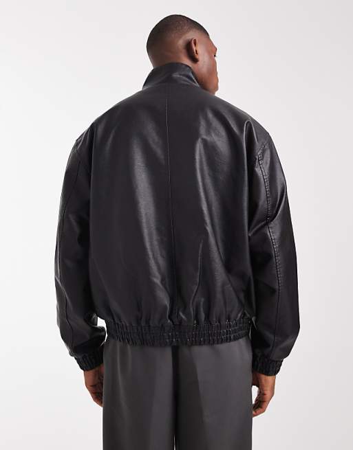DESIGN Faux Leather Bomber Jacket In Washed Black