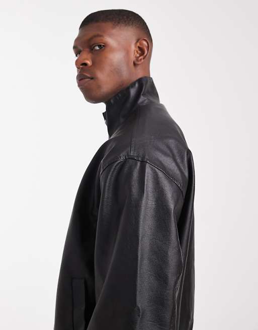 DESIGN Faux Leather Bomber Jacket In Washed Black